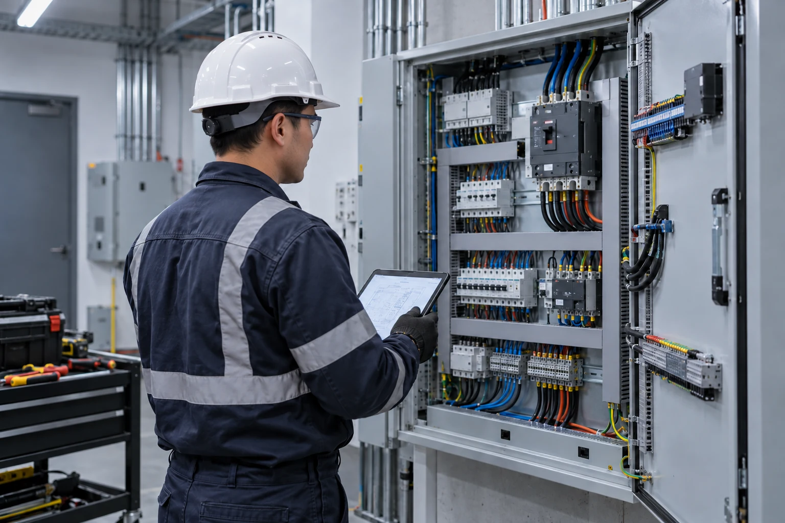 AI illustration of a worker inspecting an electrical panel