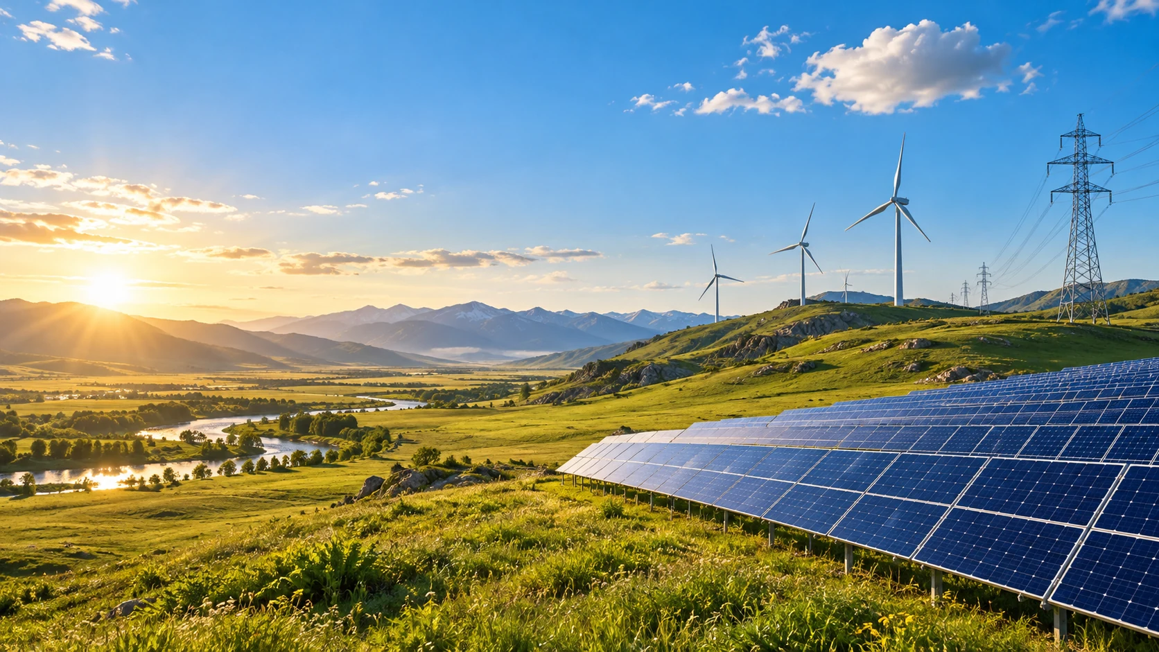 AI illustration of solar panels, wind turbines and power lines in a sunlit green landscape