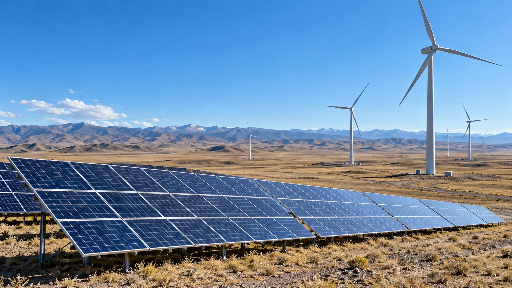 AI illustration of solar panels and wind turbines in the steppe